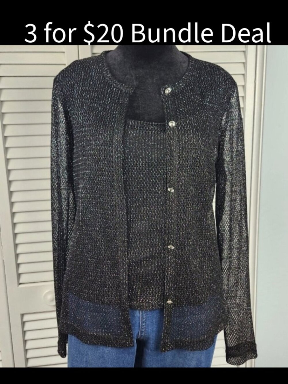 JS Collections Black Mesh Tank and Cardigan Set Size 10/M Cocktail Evening VTG